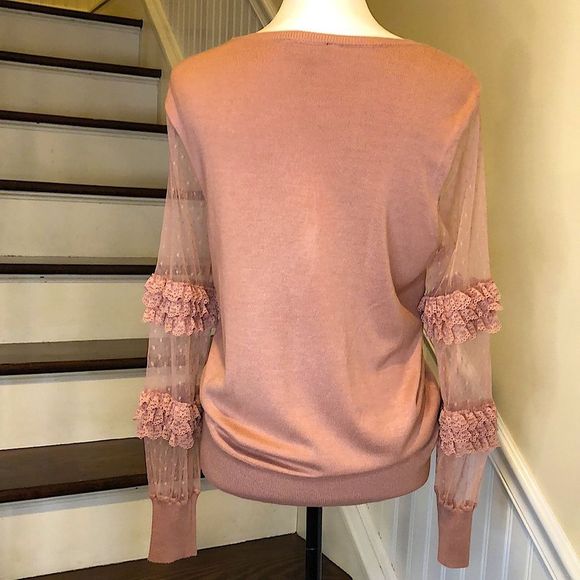 EXPRESS Dusty Rose Long Knit Sweater w Alternating Shear & Ruffle Sleeve Panels - Picture 3 of 9